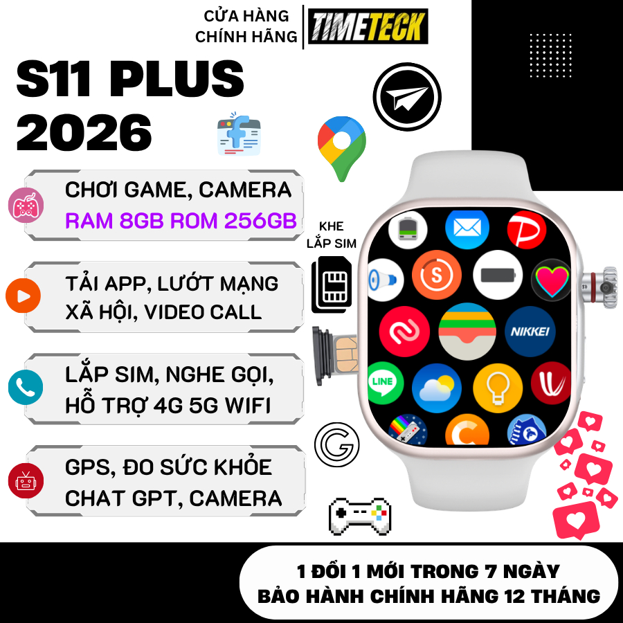 Đồng Hồ Thông Minh S11 PLUS 2026 Lắp Sim Nghe Gọi, Chơi Game, Tải Ứng Dụng, RAM 8GB ROM 256GB, GPT
