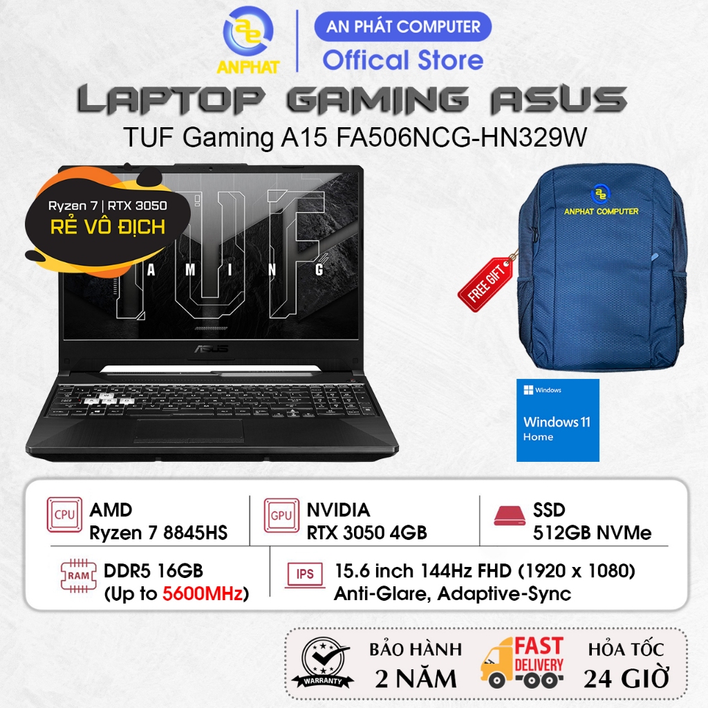 Laptop ASUS TUF Gaming A15 FA506NCG-HN329W, Ryzen 7 8845HS, RTX 3050 4GB, 15.6 FHD 144Hz, 16GB, 512G