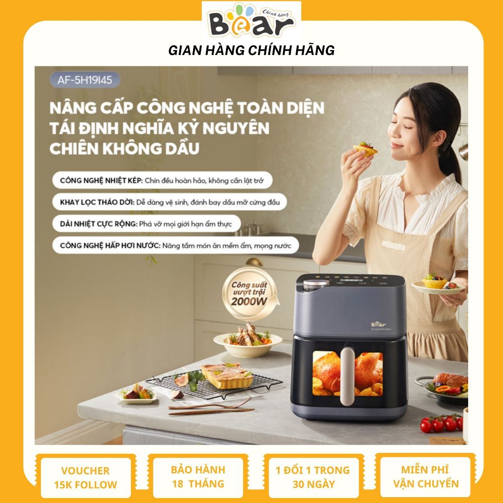 Nồi Chiên Không Dầu Bear 6L Lò Nướng Nồi Chiên Hơi Nước Nồi Chiên Không Dầu Nướng Bánh AF-5H19I45