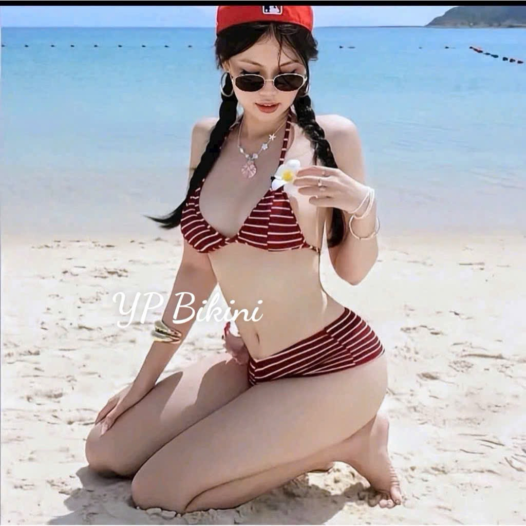 Bikini 2 mảnh set đi biển quần đùi ôm mông áo tam giác sọc cao cấp ( sẵn hàng - che tên)