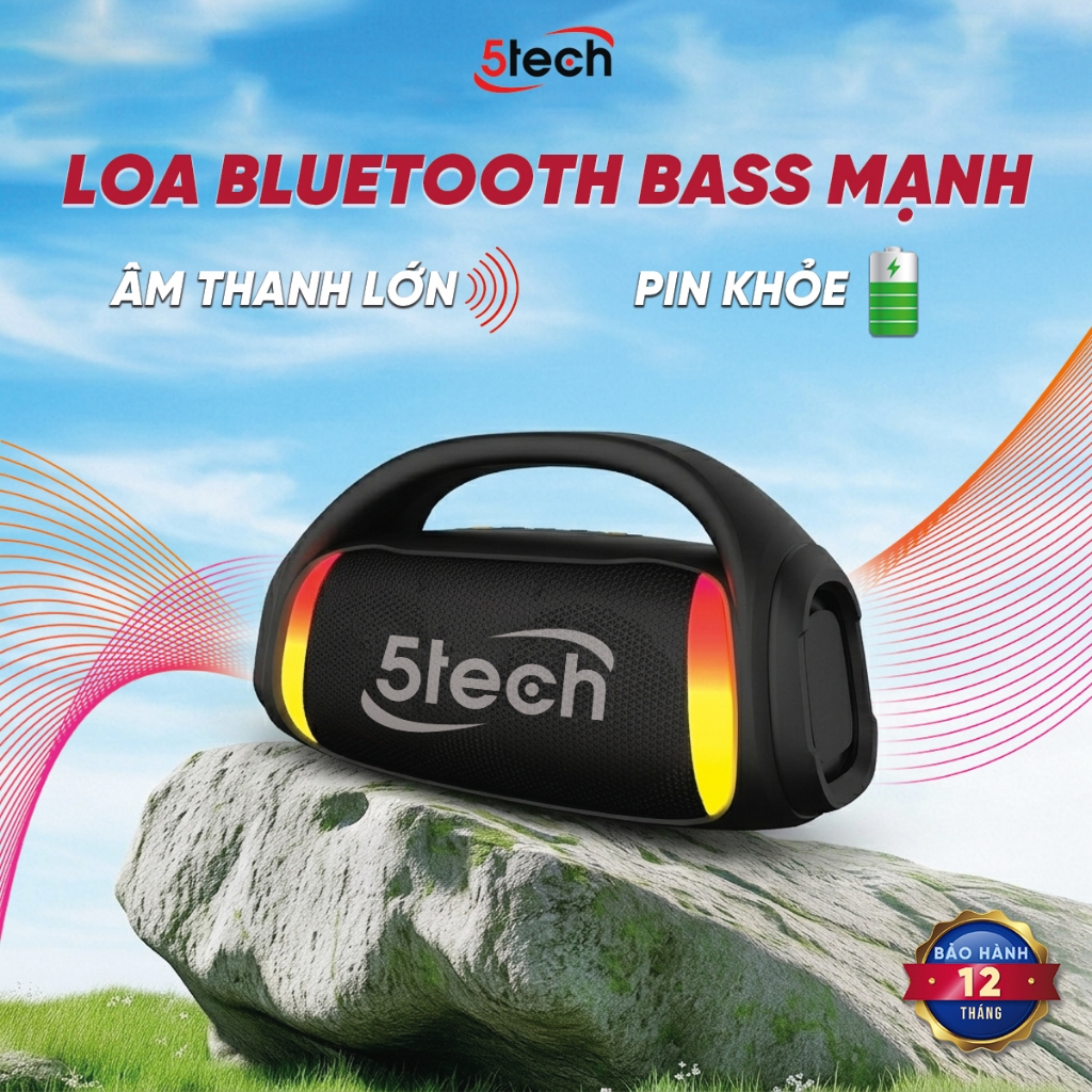 Loa bluetooth 5TECH công suất 20W, âm bass mạnh, pin 2000mAh, hỗ trợ TWS và quai xách di động