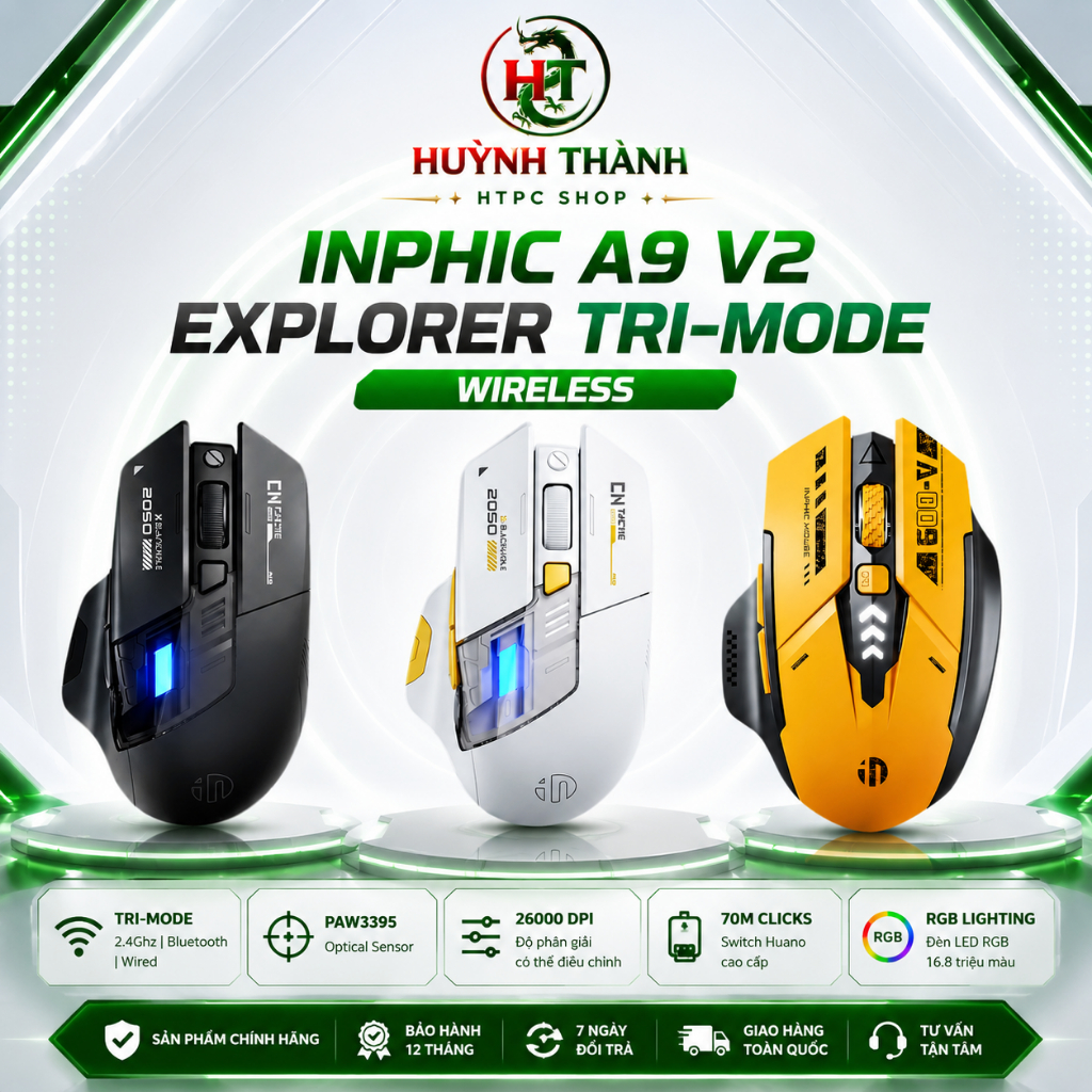 Chuột Gaming không dây INPHIC A9 V2 Explorer Tri-Mode Wireless | Tri-mode, công thái học, BH 1 năm