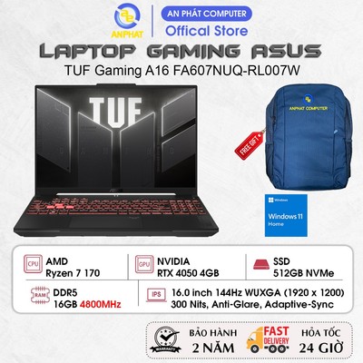 Laptop ASUS TUF Gaming A16 FA607NUQ-RL007W, Ryzen 7 170, RTX 4050 6GB, 16.0 FHD+ 144Hz, 16GB, 512GB, Win11