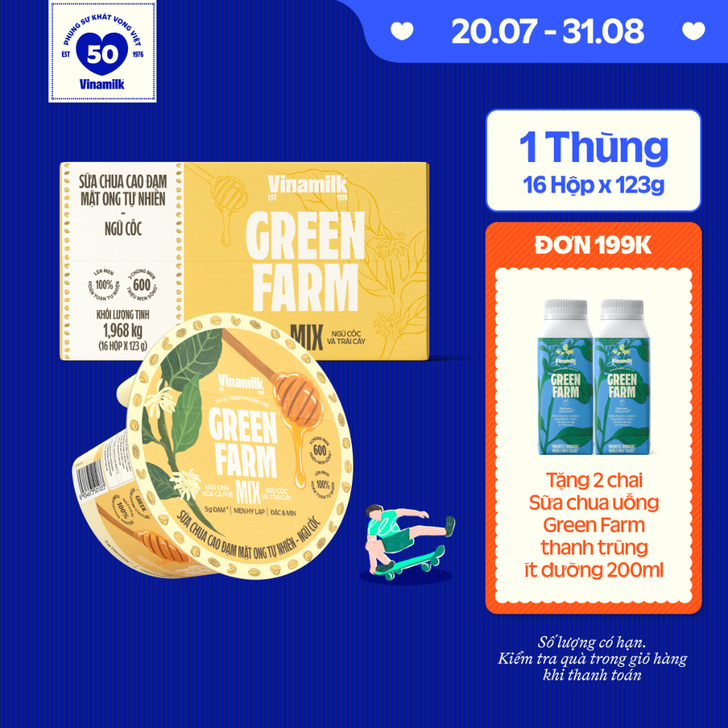 [CHỈ GIAO HCM+HN] Thùng 16 hộp Sữa chua ăn Topping Hy Lạp - Ngũ Cốc Mật Ong Vinamilk Green Farm - hộ