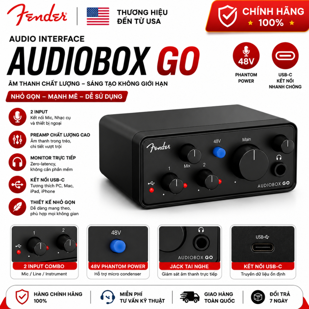 Sound Card Thu Âm Fender AudioBox GO Audio Interface USB-C Livestream Podcast Chính Hãng USA