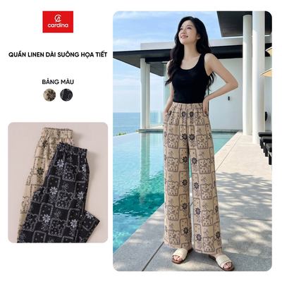 Quần dài nữ CARDINA chất liệu linen dài suông họa tiết 7QDR06