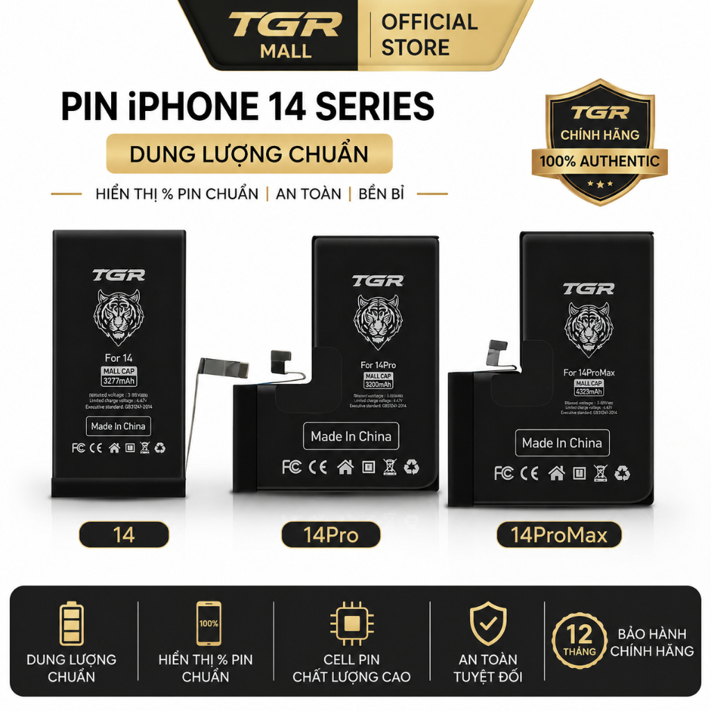 TGR Mall Pin iPhone 14 14 Pro 14 Pro Max - Pin Thay Thế Chính Hãng, Hiển Thị Pin Chuẩn, Dung Lượng C