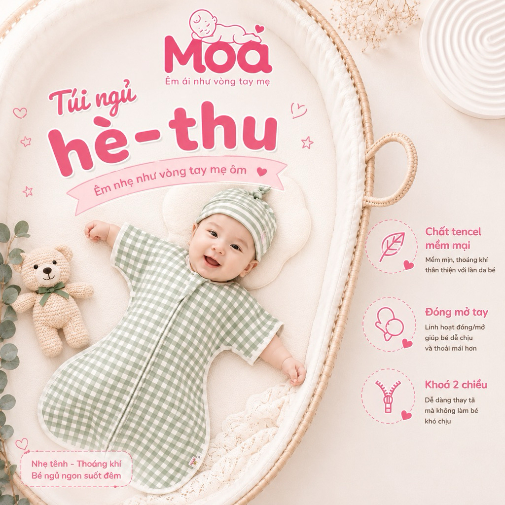 Túi Ngủ Tencel MOA Cho Bé Sơ Sinh 7-17kg - Túi Ngủ chất Tencel Cao Cấp Mềm Mát Co Giãn 4 Chiều Chống
