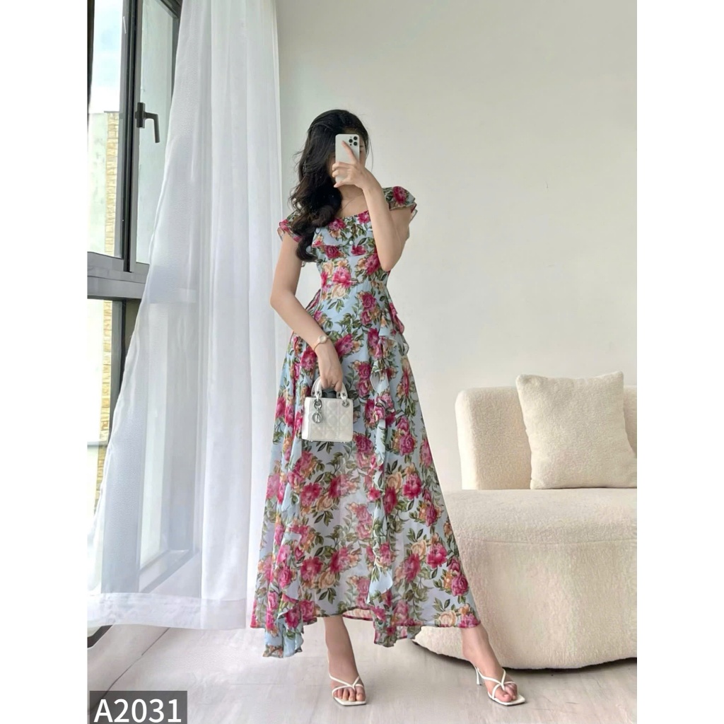 Đầm maxi tơ hoa cổ chun A2031