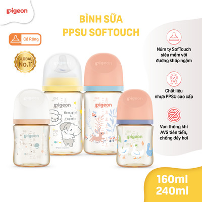 [PPSU SVIP] Bình sữa Pigeon chống đầy hơi cổ rộng cho bé sơ sinh núm ti siêu mềm chống sặc