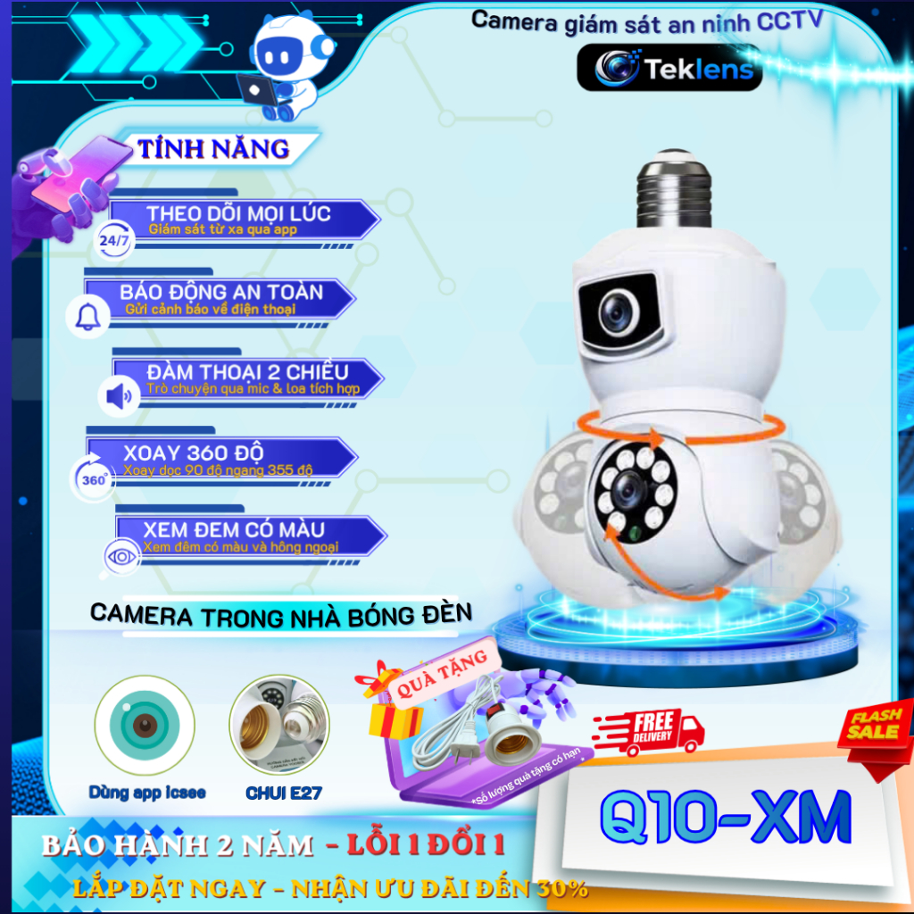 Camera bông đèn iCSee Q10-XM - Đàm thoại 2 chiều - xoay 360 độ - kết hợp 2 lens ảnh