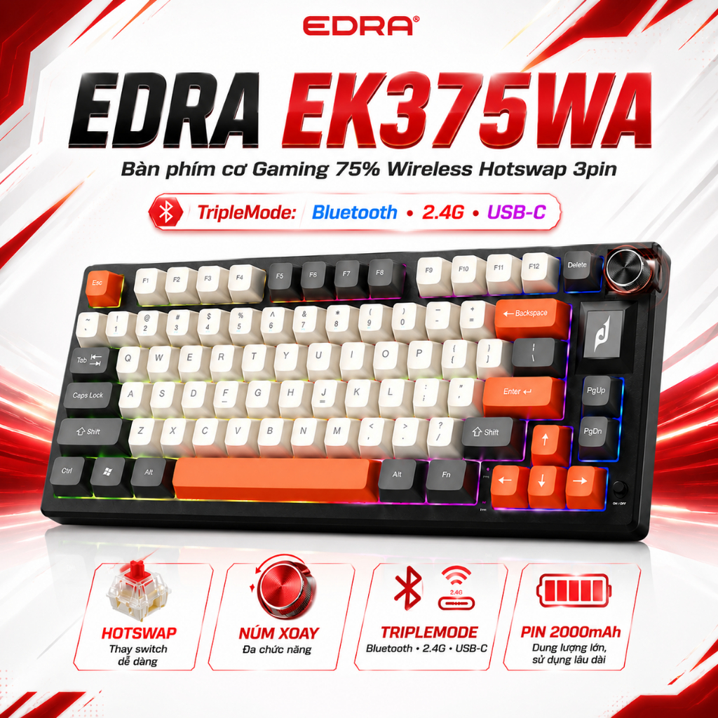 Bàn Phím Cơ EK375WA Hotswap - 3 Modes - Pin 2000mAh Led Rainbow Bảo Hành Edra 2 năm