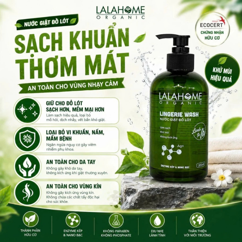 Nước Giặt Đồ Lót Nữ LALAHOME Organic - Enzyme Kép Nano Bạc, Khử Mùi Hiệu Quả 300ml