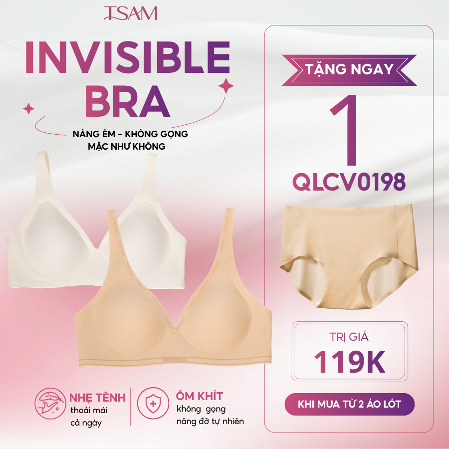 Combo 2 Áo lót INVISIBLE BRA TSAM ALDM0031 đệm cotton 0.5cm mềm mịn thiết kế V - Cup ôm trọn ngực cu