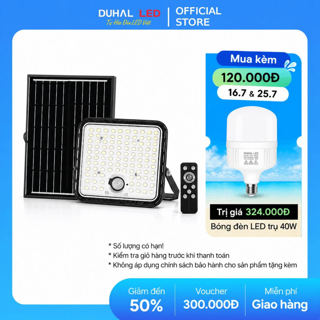 Đèn năng lượng mặt trời Duhal 50W 100W 150W 200W LED pha, chiếu sáng ngoài trời sân nhà Duhal - AJN1