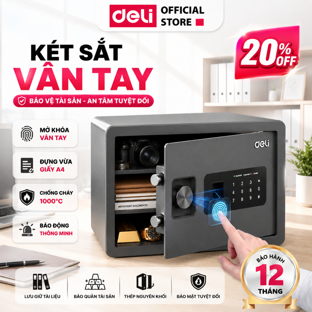 [Tặng Pin] Két Sắt Vân Tay DELI ET591 Két Sắt Khách Sạn Khung Kim Loại Chống Cắt Chống Cháy An Toàn