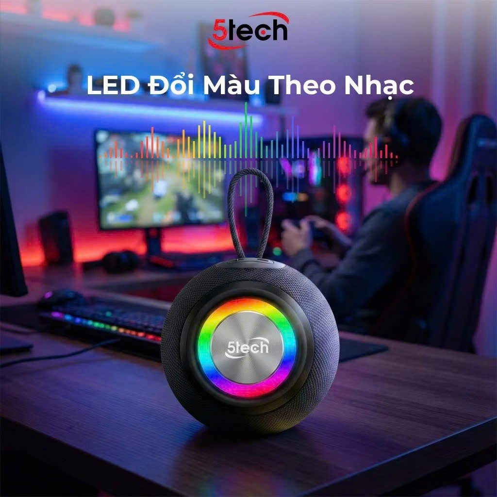 Loa bluetooth mini 5TECH S23 chính hãng, công suất 5W, LED RGB, âm thanh lan tỏa 360°, hỗ trợ USB/TF