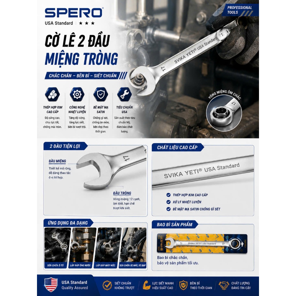 Cờ Lê Vòng Miệng SVIKA YETI 6-19mm, Cờ Lê 2 Đầu Thép Hợp Kim Siết Bu Lông Đai Ốc