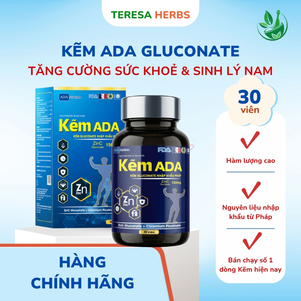 KẼM ADA bổ sung kẽm, tăng sức đề kháng, hỗ trợ sinh lý (Hộp 30 viên)