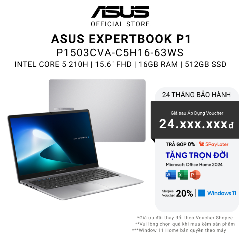 Laptop Asus ExpertBook P1 TẶNG OFFICE P1503CVA-C5H16-63WS Intel Core 5 | 16GB | 512GB | 15.6" FHD