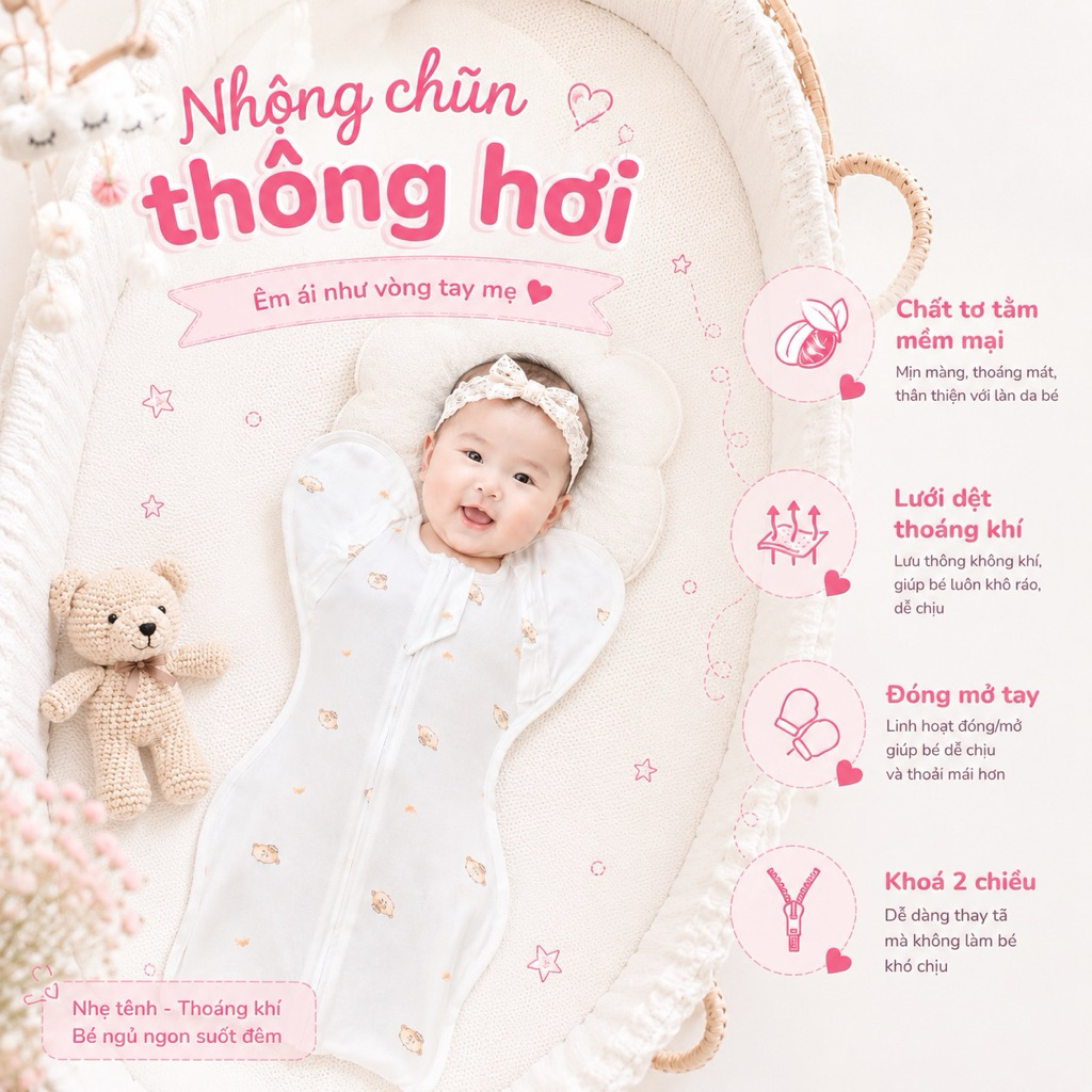 Nhộng chũn thông hơi tơ tằm cho bé 3-12kg, thoáng khí, mềm mại, đóng mở tay linh hoạt, khoá 2 chiều