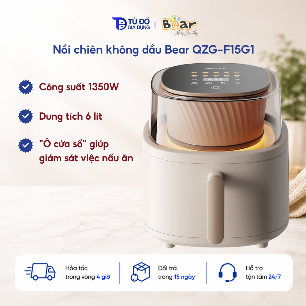Nồi chiên không dầu Bear QZG-F15G1 (6 lít) - Phù hợp nhà 5-8 người - 6 tính năng đa dạng -