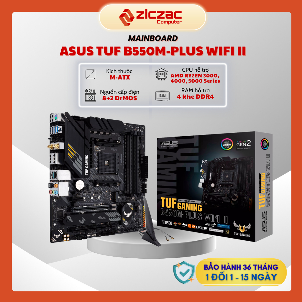 Mainboard Asus TUF B550M-PLUS WIFI II ( AMD Ryzen AM4, 4x DDR4) WIFI6 + Bluetooth - Chính hãng