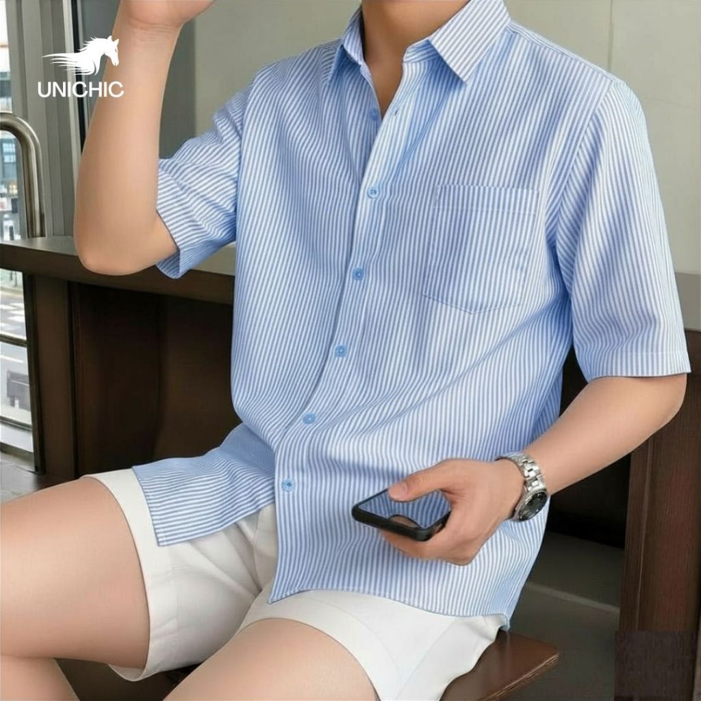 Áo Sơ Mi Nam Tay Ngắn Cao Cấp Tay Sọc Xanh Oxford Premium Form Rộng Thoải Mái UNICHIC SMTN777