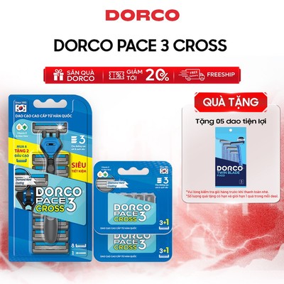 Combo Dao Cạo Râu Hàn Quốc 3 Lưỡi DORCO PACE 3 CROSS - TRC1008(6+2)-B & 2x(PRM)TRC1040(3+1)-B - Gồm 1 Cán và 16 Đầu Cạo