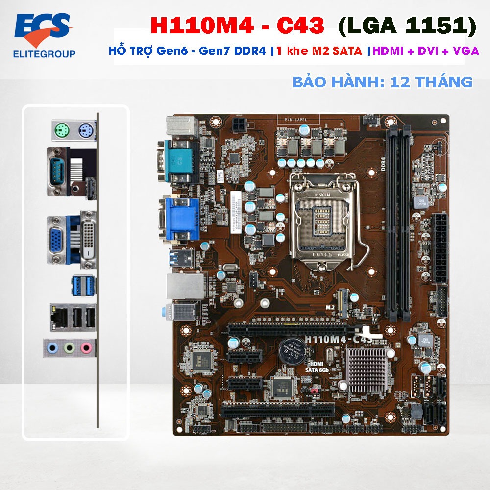 Main ECS H110M4-C43 DDR4 LGA1151| Có M.2 SATA |Hỗ Trợ i3 i5 i7 Gen 6 7 | PC Văn Phòng Gaming| Zin đẹ