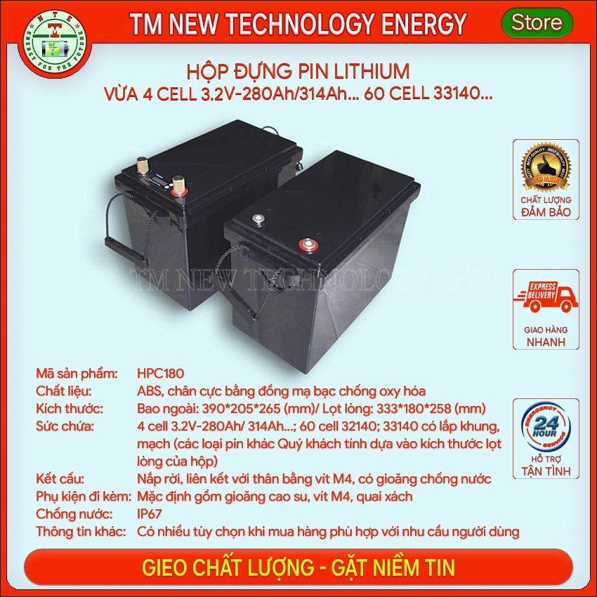 Vỏ nhựa, hộp nhựa đựng pin chống nước 12v 314Ah (vừa 4 cell pin 3.2v-280Ah hoặc 314Ah; 60 cell 32140