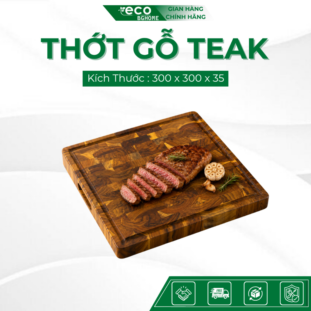 Thớt Chặt Vuông Gỗ TEAK BGHOME Eco KT 300 x 300 x 35 mm,Chặt Gà, Vịt , Gỗ Teak kháng khuẩn tự nhiên
