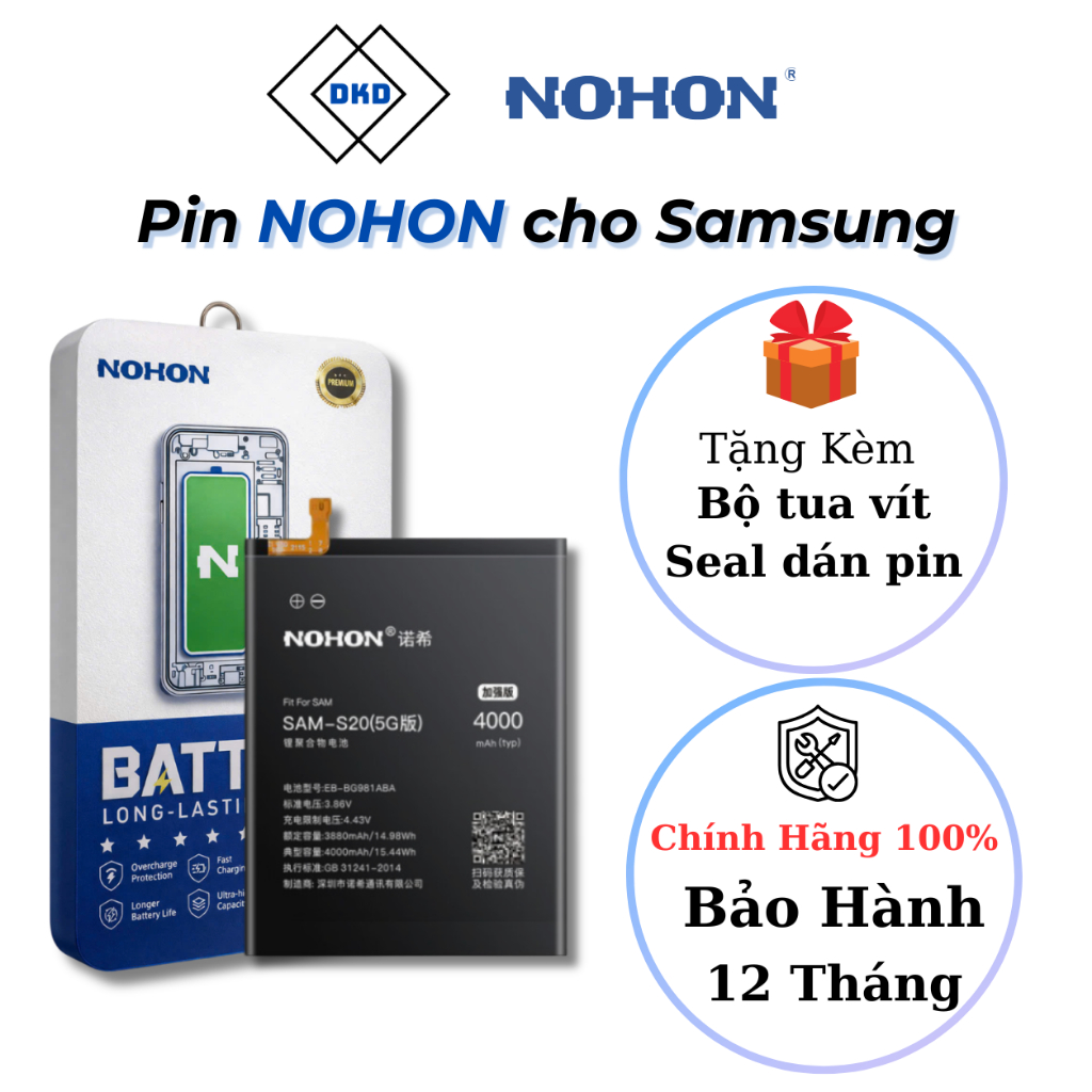 Pin NOHON cao cấp dành cho Samsung các dòng Note/S/A/J + Bảo hành 12 tháng