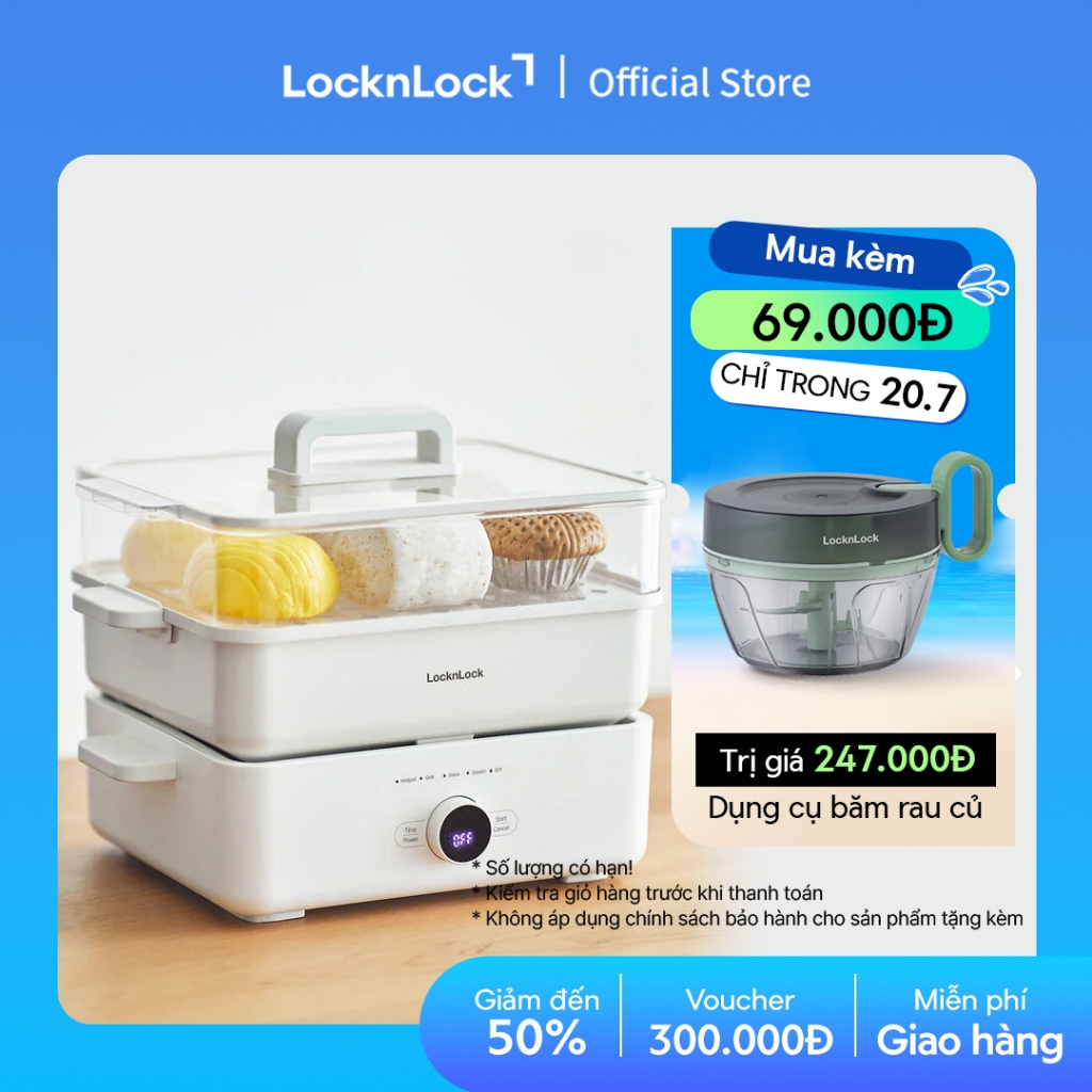 Nồi lẩu đa năng LocknLock Bianco Electric Multicooker 4.5L EJP154IVY màu ngà lẩu nướng luộc hấp hầm 