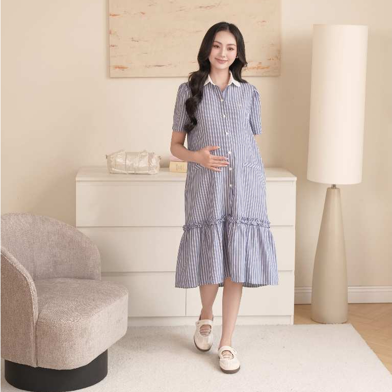Váy Bầu Winny Dress L'amme, Váy Sơ Mi Vải Thô Kẻ Mềm Mát Ít Nhăn, Mặc Đẹp Suốt Thai Kỳ Và Sau Sinh