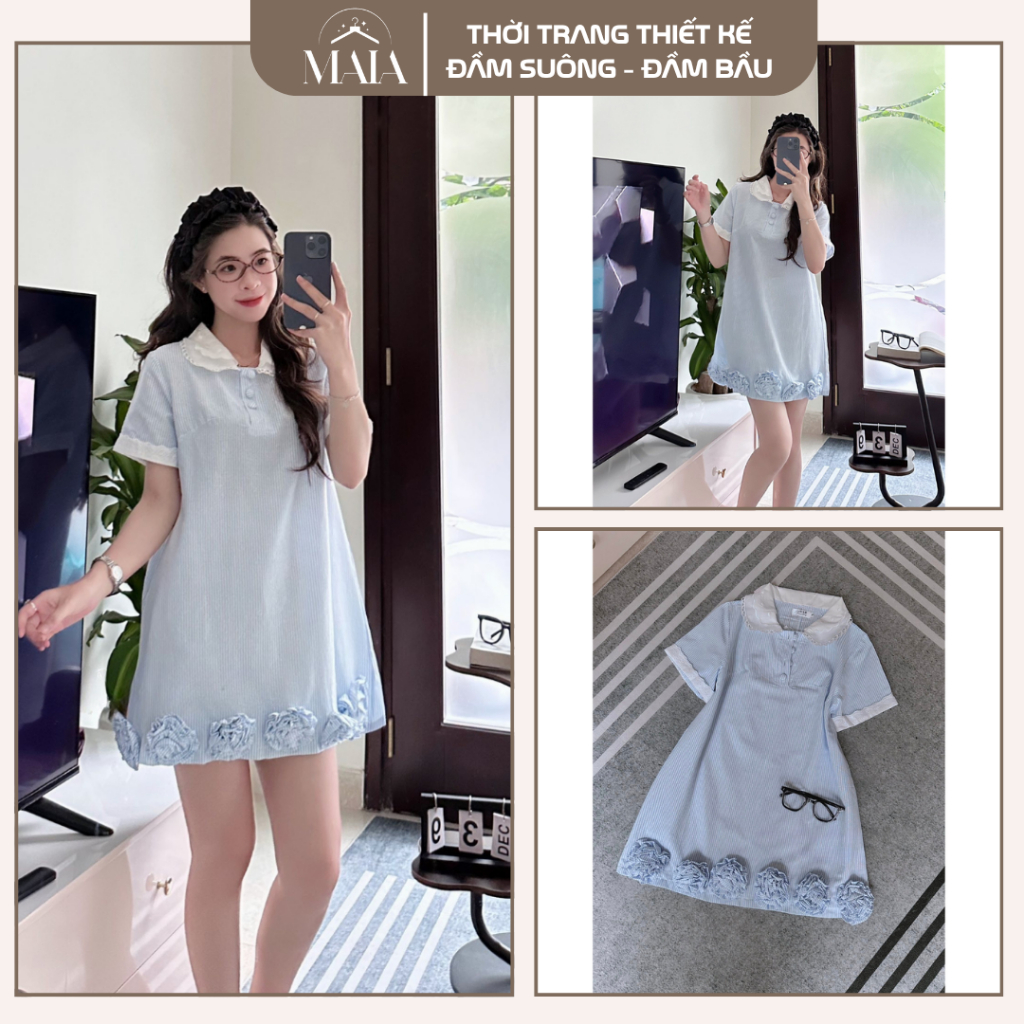 Váy bầu babydoll thiết kế , đầm bầu dự tiệc mùa hè cổ bèo sơ mi kẻ xanh phối đuôi hoa nổi sịn xò tiể