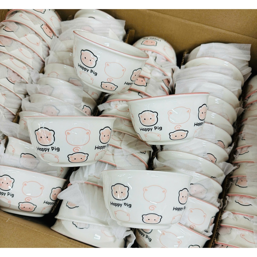 Bát Sứ Cute Kèm Thìa – Set 1 Bát 1 Thìa, 2 Bát 2 Thìa Hình Bò Sữa, Heo Hồng, Nơ Trắng, GỐM SỨ DECOR