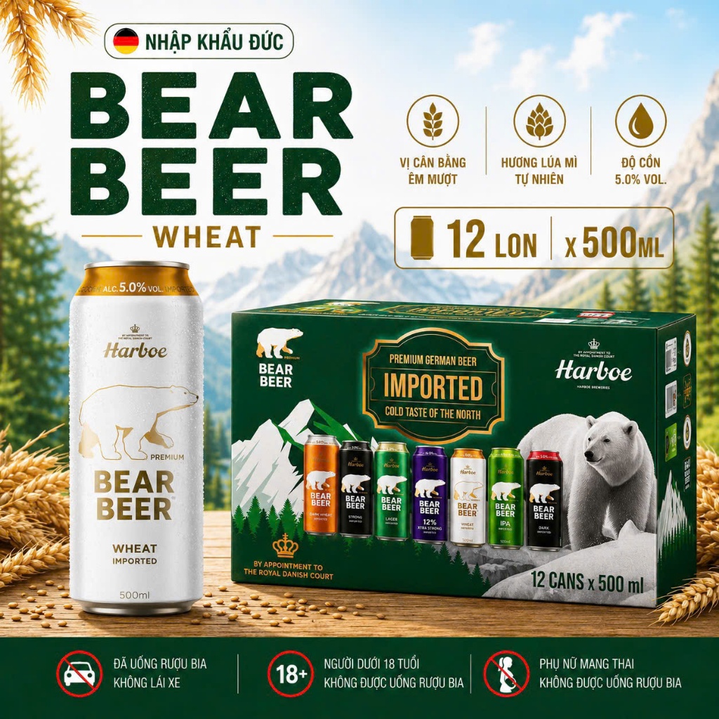 [ BIA ĐỨC NHẬP KHẨU ] Bia Gấu Bear Beer Wheat 5% Hộp 12 Lon 500ml