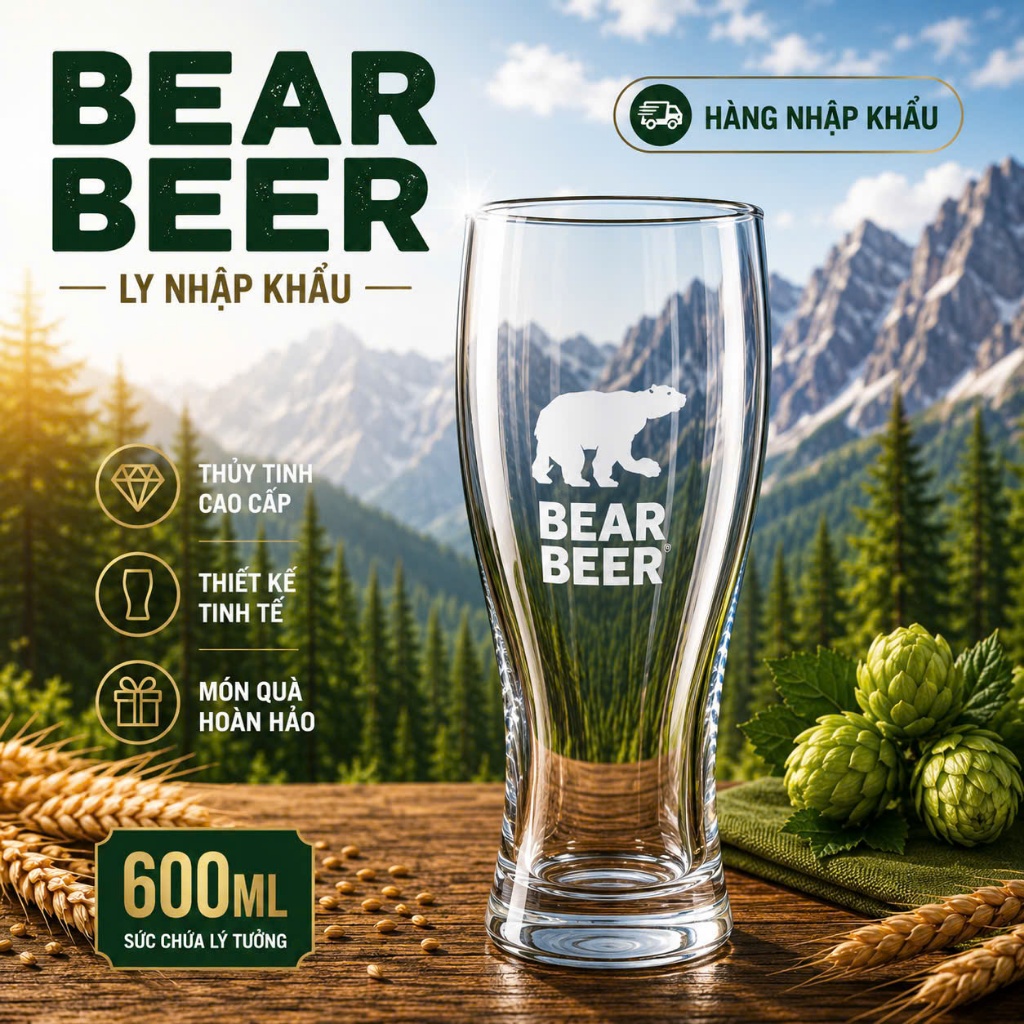 Cốc (Ly) Thủy Tinh Uống Bia Nhập Khẩu Cao Cấp BEAR BEER, VIIKING - 425ml