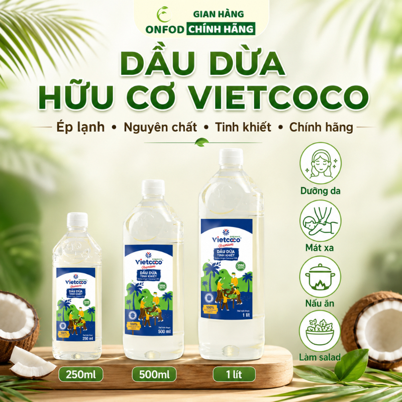 Dầu dừa hữu cơ tinh khiết ép lạnh Vietcoco ONFOD dưỡng da dưỡng tóc nấu ăn chai 1 lít