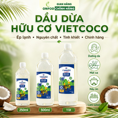 Dầu dừa hữu cơ tinh khiết ép lạnh Vietcoco ONFOD dưỡng da dưỡng tóc nấu ăn chai 1 lít