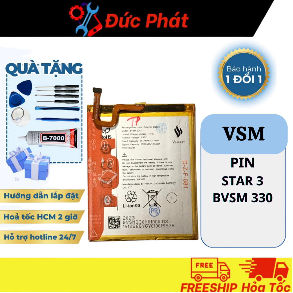 Pin Thay Thế VSM BVSM-330 /  STAR 3 (Tặng keo dán, bộ sửa)