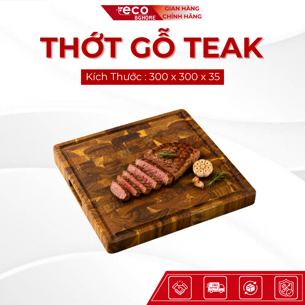 Thớt Chặt Vuông Gỗ TEAK BGHOME Eco KT 300 x 300 x 35 mm,Chặt Gà, Vịt , Gỗ Teak kháng khuẩn tự nhiên