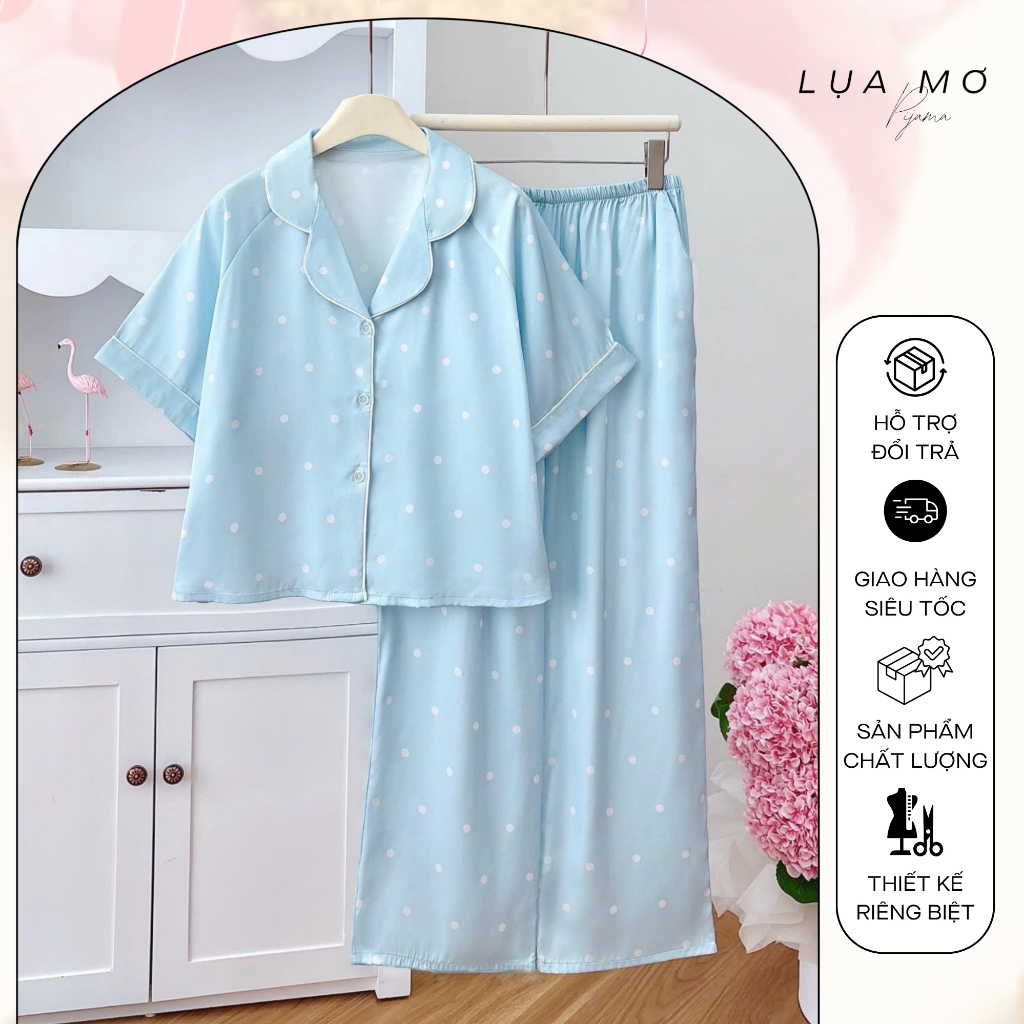 Pijama Tiểu Thư Tay Ngắn Form Crop Phối Viền Vải Lụa Latin Cao Cấp - Đồ bộ Lụa Mơ LM304
