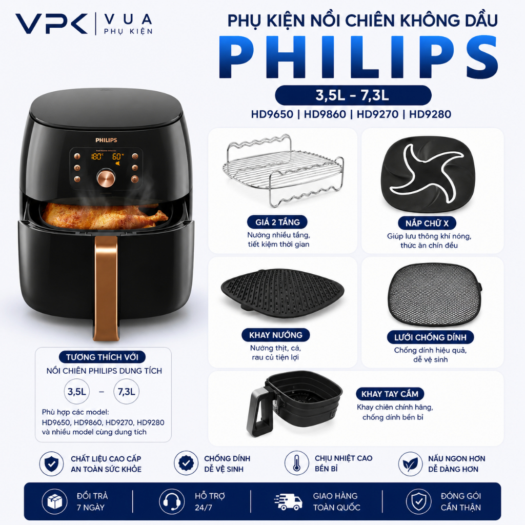 Phụ kiện nồi chiên Philips 3,5L 7,3L HD9650 HD9860 HD9270 HD9280 khay nướng, lưới, nắp, lót nồi