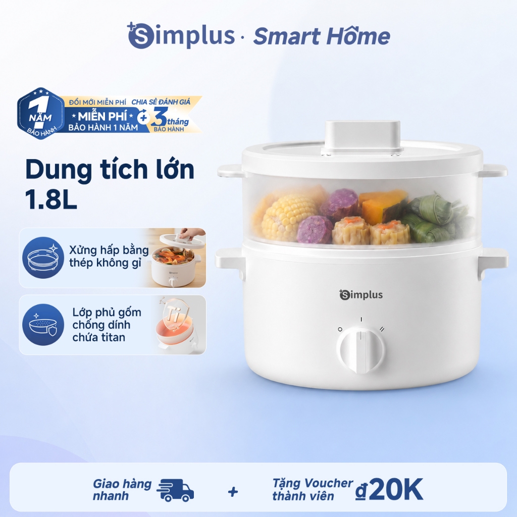 Nồi lẩu điện Simplus Dung tích lớn 1.8L Lớp phủ gốm chống dính chứa titan Xửng hấp thép không gỉ / P