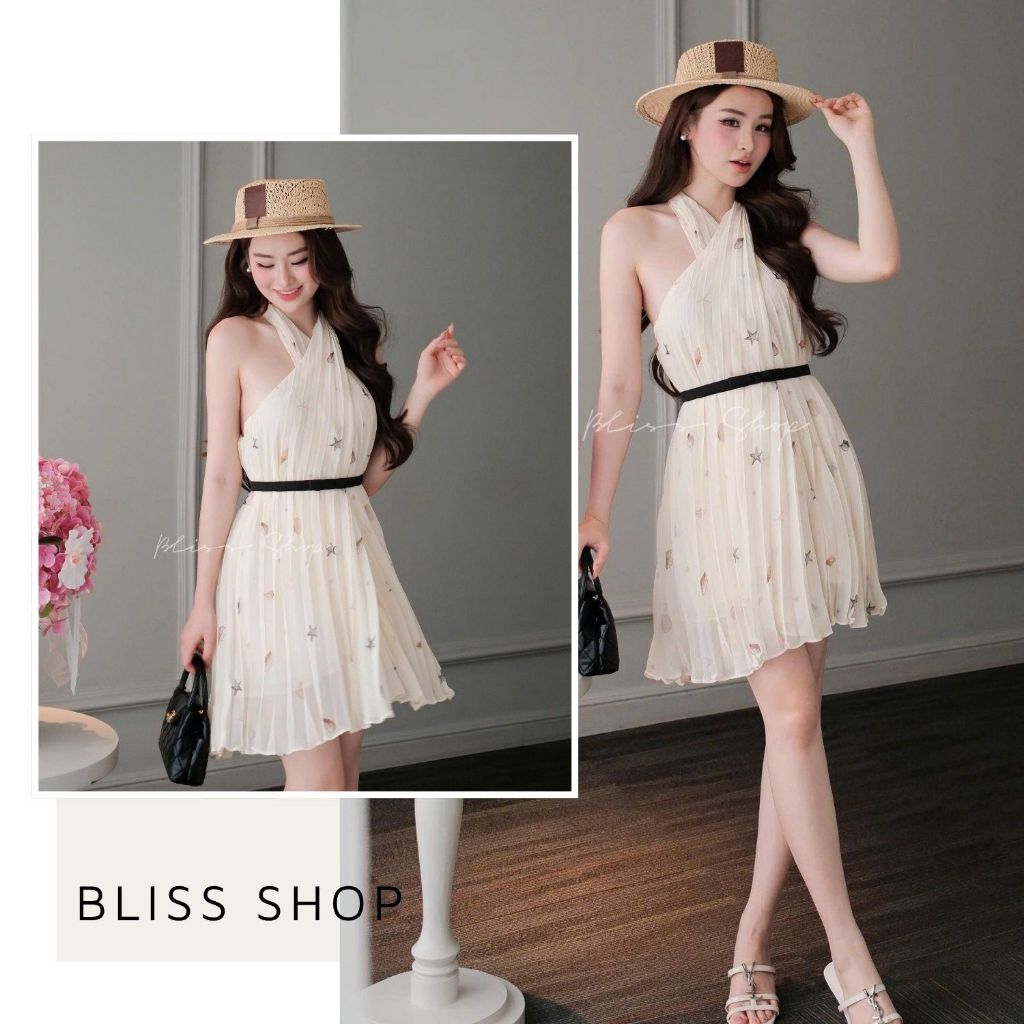[Summer 2026] Đầm Váy Cổ Yếm Chéo Dập Ly Họa Tiết Sao Biển Form Ngắn Nhẹ Nhàng Tiểu Thư Bliss Shop -