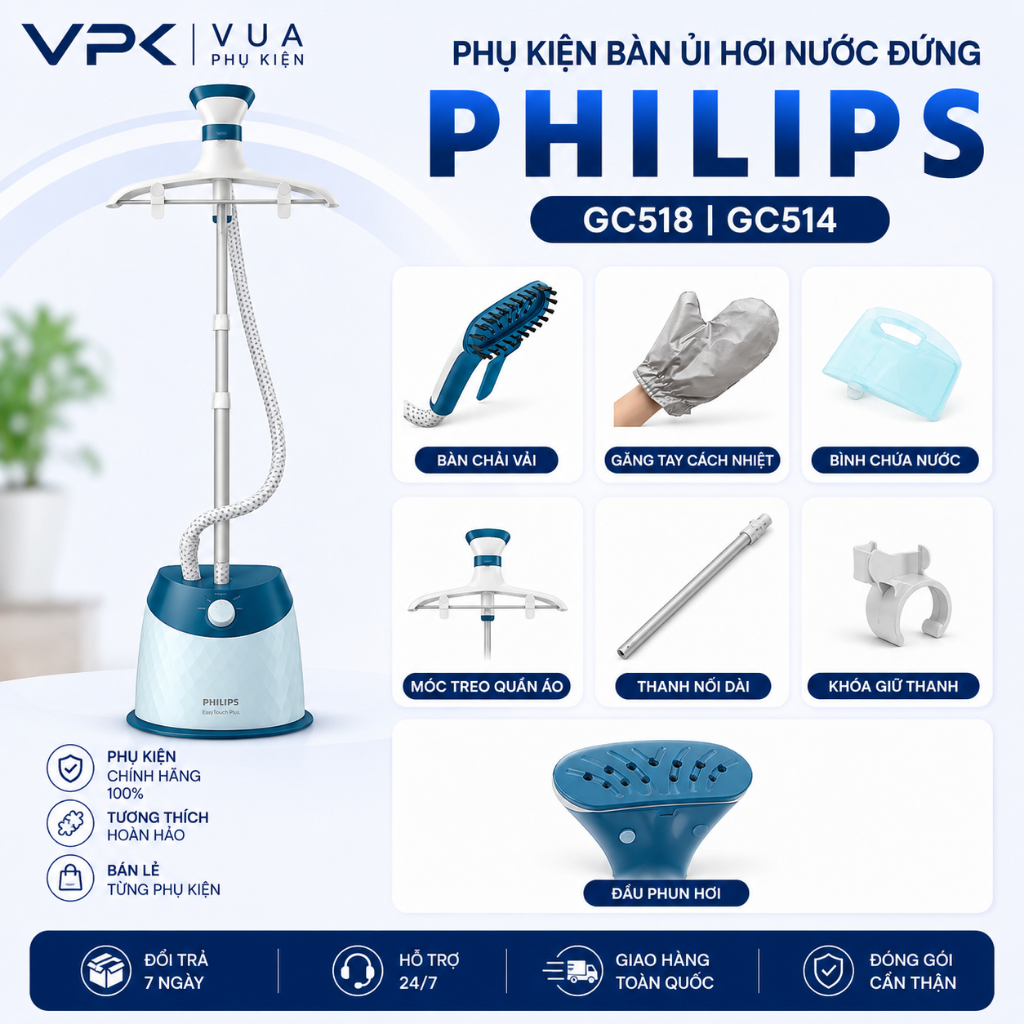 Phụ kiện bàn ủi hơi nước đứng Philips GC518 GC514 móc treo, bao tay, bình nước, van, công tắc
