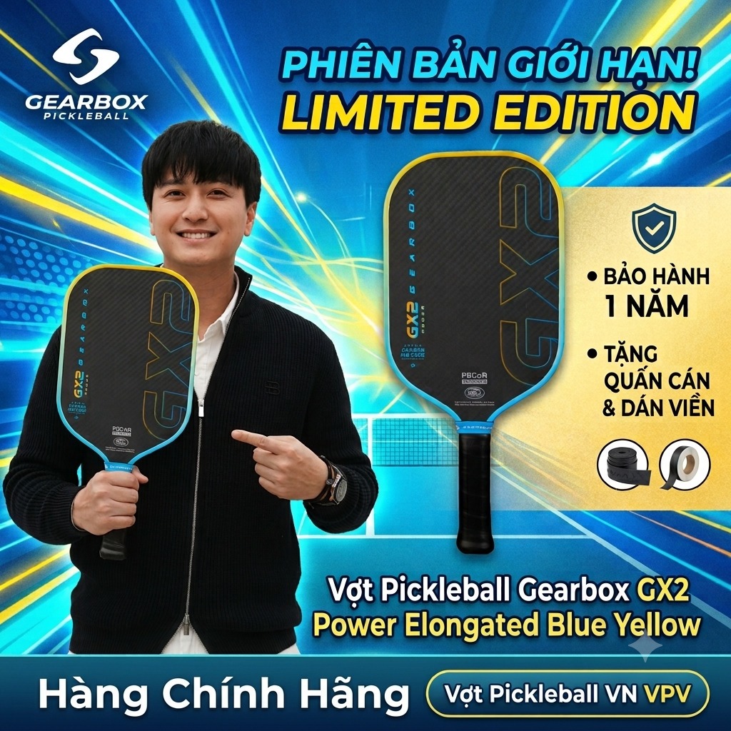 Vợt pickleball Gearbox GX2 Power Elongated Limited Edition Blue Yellow bảo hành 1 năm