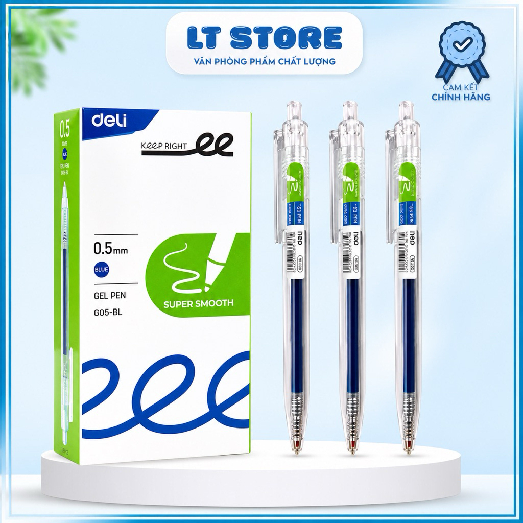 Hộp 12 Bút Gel Bấm Deli G05 - Ngòi 0.5mm - Mực Xanh Siêu Mướt